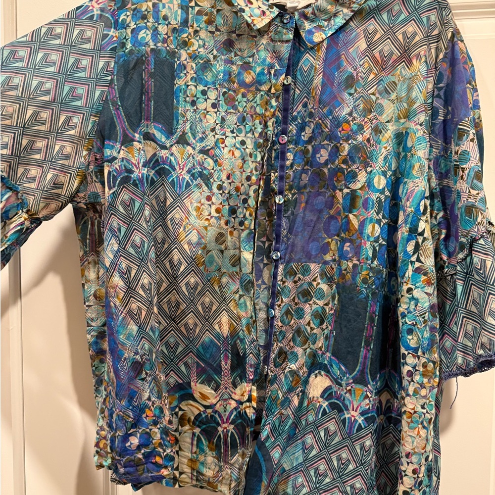 Johnny Was Teal Multi-Pattern Button Front Blouse - image 3